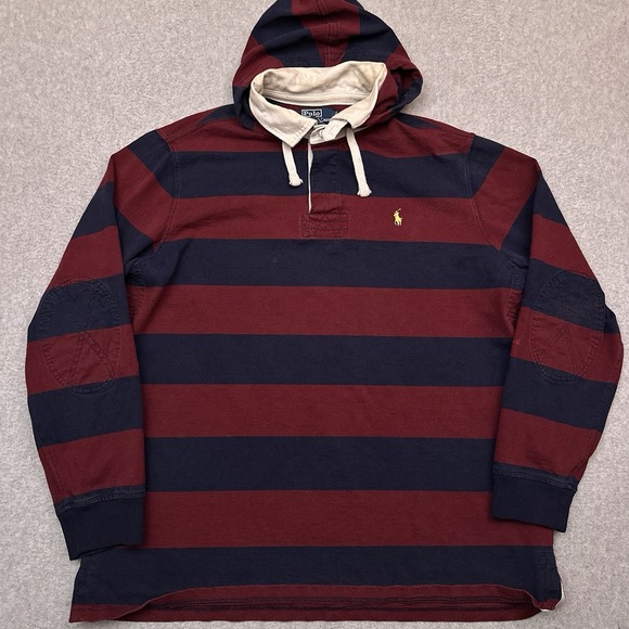 Polo Ralph Lauren Other - VTG Polo Ralph Lauren Rugby Hoodie Mens XL Red Blue Striped Collared Distressed